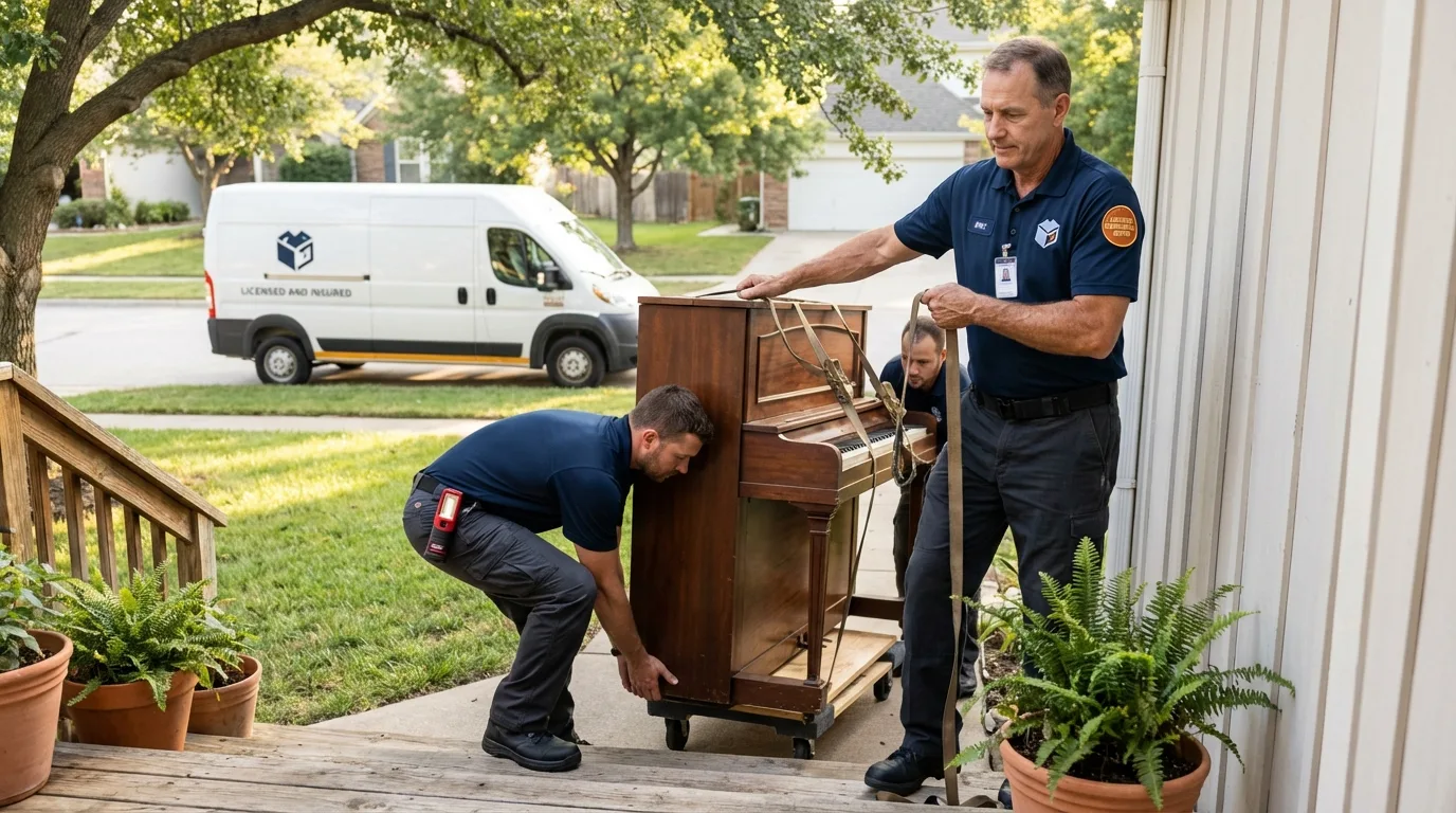 Licensed piano movers securing grand piano in Burlington, CO