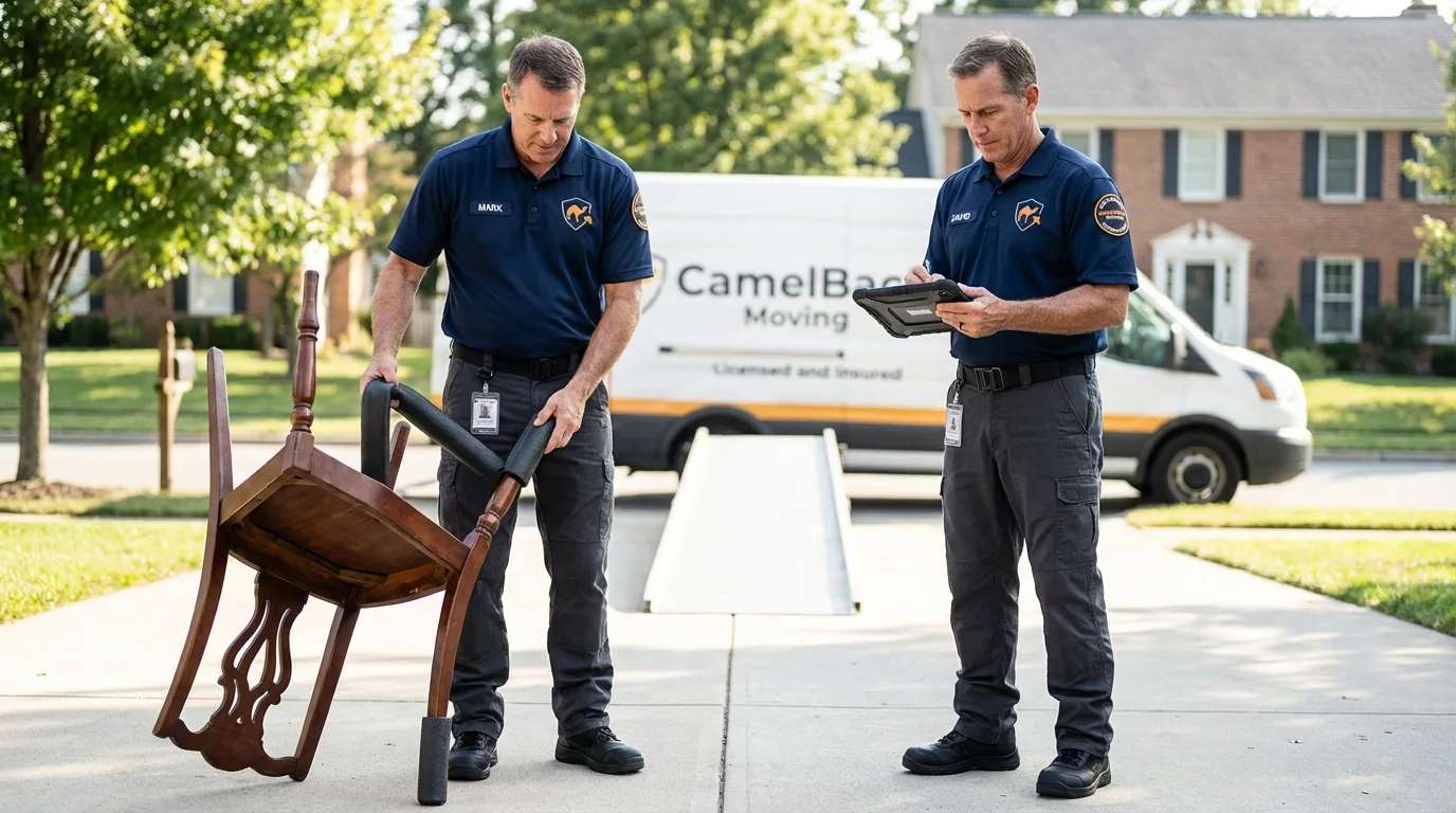 Movers inspecting furniture for damage prevention before loading in Burlington, CO