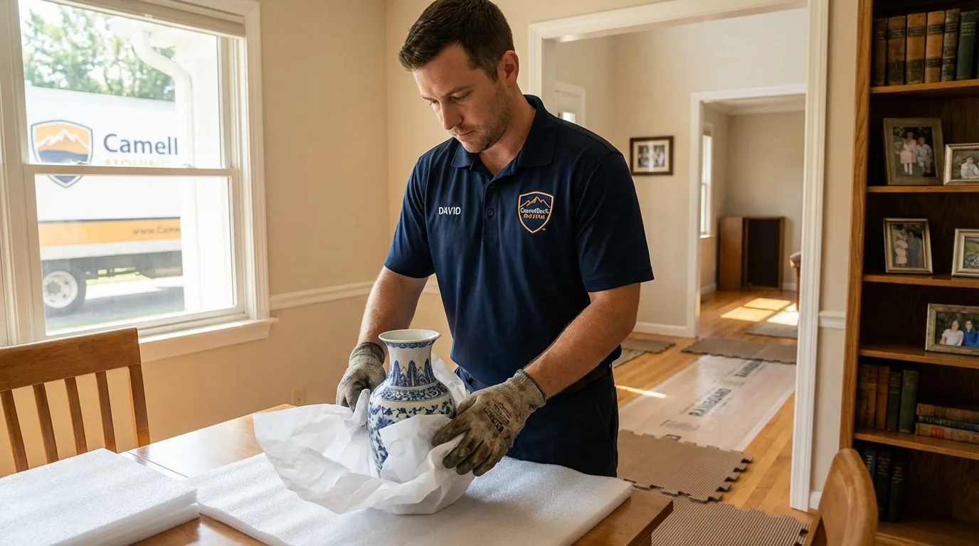 Professional crew carefully wrapping antique vase for senior downsizing move in Burlington, CO